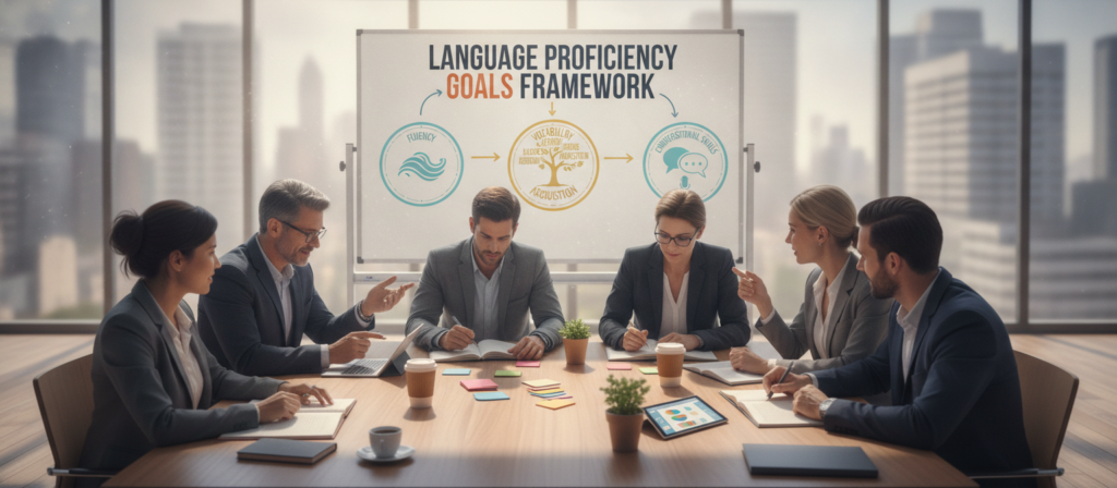 A modern and visually engaging illustration representing a "language proficiency goals framework." In the foreground, a diverse group of adults, depicted in professional business attire, engage in learning activities, discussing goals and schedules around a large table filled with language resources. The middle ground features an infographic-style layout displaying key components of language proficiency goals: fluency, vocabulary acquisition, and conversational skills, interconnected with arrows. The background features a soft-focus classroom or office space, with natural light streaming in through large windows, creating an inviting atmosphere. The mood is focused and collaborative, reflecting a mix of motivation and exploration in the language learning experience. Use a slightly elevated angle to capture the group's interaction and the vibrant details of the framework. A modern and visually engaging illustration representing a "language proficiency goals framework." In the foreground, a diverse group of adults, depicted in professional business attire, engage in learning activities, discussing goals and schedules around a large table filled with language resources. The middle ground features an infographic-style layout displaying key components of language proficiency goals: fluency, vocabulary acquisition, and conversational skills, interconnected with arrows. The background features a soft-focus classroom or office space, with natural light streaming in through large windows, creating an inviting atmosphere. The mood is focused and collaborative, reflecting a mix of motivation and exploration in the language learning experience. Use a slightly elevated angle to capture the group's interaction and the vibrant details of the framework.