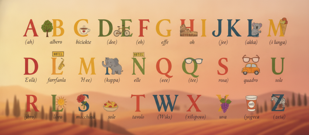 A beautifully arranged Italian alphabet chart designed for beginners, featuring each letter in vibrant colors and accompanied by corresponding phonetic pronunciations. In the foreground, large letters are displayed artistically, showcasing classic Italian typography. The middle ground includes illustrations of common Italian words that start with each letter, such as a pasta dish for "P" and a scenic landmark for "D". The background should be a soft, warm Italian-themed gradient, reminiscent of a sunset over Tuscany, creating an inviting atmosphere. The lighting is soft and natural, enhancing the readability of the letters and words. This image should exude a sense of warmth and encouragement, ideal for anyone embarking on their journey to learn Italian. A beautifully arranged Italian alphabet chart designed for beginners, featuring each letter in vibrant colors and accompanied by corresponding phonetic pronunciations. In the foreground, large letters are displayed artistically, showcasing classic Italian typography. The middle ground includes illustrations of common Italian words that start with each letter, such as a pasta dish for "P" and a scenic landmark for "D". The background should be a soft, warm Italian-themed gradient, reminiscent of a sunset over Tuscany, creating an inviting atmosphere. The lighting is soft and natural, enhancing the readability of the letters and words. This image should exude a sense of warmth and encouragement, ideal for anyone embarking on their journey to learn Italian.