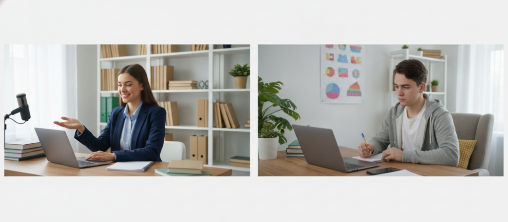 A bright and engaging online learning environment featuring a focused tutor and a student engaged in a video call. In the foreground, the tutor, a young woman in professional business attire, uses a laptop, smiling as she explains a concept. The mid-ground shows the student, a young man in casual yet tidy clothing, sitting comfortably in a well-lit room, taking notes. The background includes bookshelves filled with study materials and a vibrant educational poster. Soft natural light filters through a window, creating a warm atmosphere. The scene should convey a sense of connection, efficiency, and the effectiveness of online teaching, framed from a slightly elevated angle to highlight both subjects.
