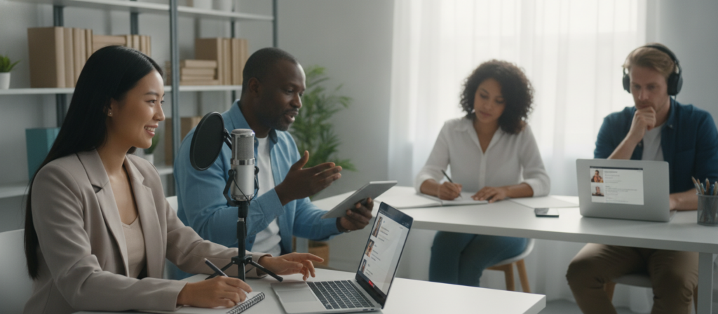 A bright, modern home office scene showcasing a diverse group of four individuals engaged in language practice through conversation apps on their laptops and smartphones. In the foreground, a young woman of Asian descent smiles while wearing professional attire, speaking into a computer microphone. Next to her, a middle-aged Black man gestures enthusiastically, using a tablet. In the middle ground, a Hispanic woman takes notes with a notepad, while a Caucasian man listens attentively through headphones. The background features a bookshelf with language books and a window letting in natural light, creating a warm and inviting atmosphere. Soft focus on the edges with a slight depth of field, emphasizing the engaging interaction among participants. The mood is collaborative and encouraging, highlighting the benefits of online language lessons.