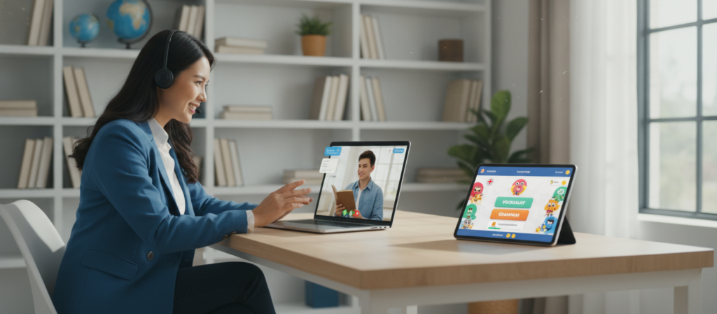 A bright, modern home office setting showcasing a split scene: on the left, a professional educator, dressed in business casual attire, sitting at a desk with a laptop, engaged in a video call with a student. On the right, an open tablet displaying a colorful language learning app interface. The background features bookshelves filled with language books and educational materials. Natural light streams in through a window, creating a warm and inviting atmosphere. The focus is sharp on the educator, with a slight blur on the tablet to emphasize interaction. The mood is focused yet friendly, highlighting the contrast between personalized tutoring and app-based learning, promoting an engaging and dynamic study environment. A bright, modern home office setting showcasing a split scene: on the left, a professional educator, dressed in business casual attire, sitting at a desk with a laptop, engaged in a video call with a student. On the right, an open tablet displaying a colorful language learning app interface. The background features bookshelves filled with language books and educational materials. Natural light streams in through a window, creating a warm and inviting atmosphere. The focus is sharp on the educator, with a slight blur on the tablet to emphasize interaction. The mood is focused yet friendly, highlighting the contrast between personalized tutoring and app-based learning, promoting an engaging and dynamic study environment.