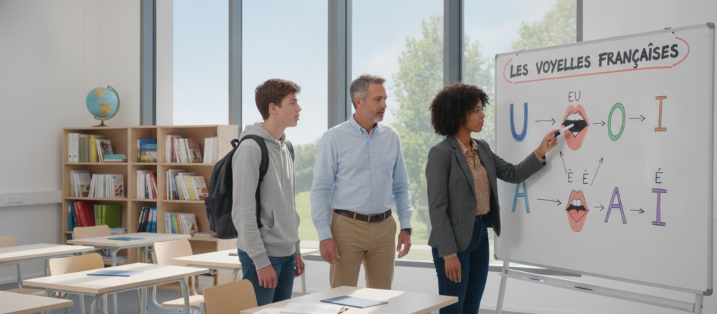 A clean and educational setting showcasing French vowel sounds pronunciation practice. In the foreground, a diverse group of three people, a young woman and a middle-aged man, both dressed in smart casual attire, and a teenage boy, all focused and engaging with a large whiteboard filled with colorful phonetic symbols and diagrams illustrating the French vowels. The middle ground features a modern classroom with bookshelves filled with language resources and a globe. In the background, large windows allow natural light to flood the room, creating a bright and inviting atmosphere. The overall mood is one of learning and collaboration, highlighting techniques for improving French pronunciation through visual aids and group interaction. A clean and educational setting showcasing French vowel sounds pronunciation practice. In the foreground, a diverse group of three people, a young woman and a middle-aged man, both dressed in smart casual attire, and a teenage boy, all focused and engaging with a large whiteboard filled with colorful phonetic symbols and diagrams illustrating the French vowels. The middle ground features a modern classroom with bookshelves filled with language resources and a globe. In the background, large windows allow natural light to flood the room, creating a bright and inviting atmosphere. The overall mood is one of learning and collaboration, highlighting techniques for improving French pronunciation through visual aids and group interaction.