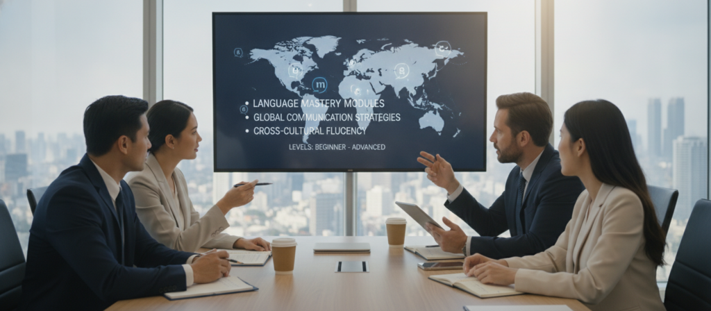 A corporate training session focused on language skills in a modern conference room setting. Foreground: a diverse group of professionals (three men and two women) engaged in a discussion, all dressed in smart business attire. Middle background: a large digital screen displaying a world map with language icons and bullet points regarding training modules. Background: large windows with cityscape views, allowing natural light to fill the room, creating a bright and welcoming atmosphere. The focus is on collaboration and learning, with expressions of engagement and concentration. Use soft, natural lighting to enhance the professional yet inviting mood. Capture the scene from a slightly elevated angle to include both the participants and the visual aids, emphasizing teamwork and interaction in language training.