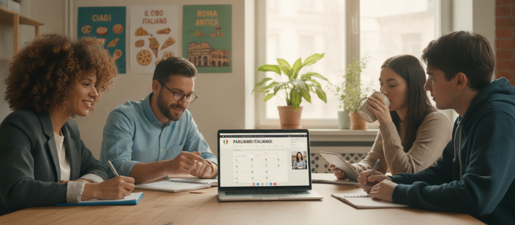 A cozy and inviting online classroom scene, with a laptop open on a wooden desk displaying an Italian language learning platform. In the foreground, a diverse group of four students, including a woman with curly hair in a professional outfit and a man with glasses in a casual shirt, are engaged in interactive lessons, using notebooks and pens. The middle of the image features colorful educational posters on the wall, illustrating Italian vocabulary and cultural elements like the Colosseum and pizza. The background shows a well-lit room with houseplants and a soft-focus window allowing natural light to stream in, creating an inspiring and motivating atmosphere. The overall mood is professional yet relaxed, encouraging effective online studying. A cozy and inviting online classroom scene, with a laptop open on a wooden desk displaying an Italian language learning platform. In the foreground, a diverse group of four students, including a woman with curly hair in a professional outfit and a man with glasses in a casual shirt, are engaged in interactive lessons, using notebooks and pens. The middle of the image features colorful educational posters on the wall, illustrating Italian vocabulary and cultural elements like the Colosseum and pizza. The background shows a well-lit room with houseplants and a soft-focus window allowing natural light to stream in, creating an inspiring and motivating atmosphere. The overall mood is professional yet relaxed, encouraging effective online studying.