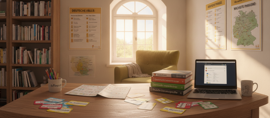 A cozy and inviting study space designed for intermediate German learners, filled with vibrant educational materials. In the foreground, a wooden desk is cluttered with colorful flashcards displaying German vocabulary words and grammar charts. A stack of modern textbooks lies next to a laptop with language learning software open. The middle ground showcases a comfortable chair and a large window allowing soft, warm sunlight to illuminate the room. On the walls, posters highlight key grammar rules and phrases in both German and English. In the background, a bookshelf brimming with novels and reference guides provides a sense of depth. The mood is focused and inspiring, encouraging learning and progress. The image is captured with a wide-angle lens to create an inviting atmosphere, emphasizing the study space's functionality and warmth. A cozy and inviting study space designed for intermediate German learners, filled with vibrant educational materials. In the foreground, a wooden desk is cluttered with colorful flashcards displaying German vocabulary words and grammar charts. A stack of modern textbooks lies next to a laptop with language learning software open. The middle ground showcases a comfortable chair and a large window allowing soft, warm sunlight to illuminate the room. On the walls, posters highlight key grammar rules and phrases in both German and English. In the background, a bookshelf brimming with novels and reference guides provides a sense of depth. The mood is focused and inspiring, encouraging learning and progress. The image is captured with a wide-angle lens to create an inviting atmosphere, emphasizing the study space's functionality and warmth.