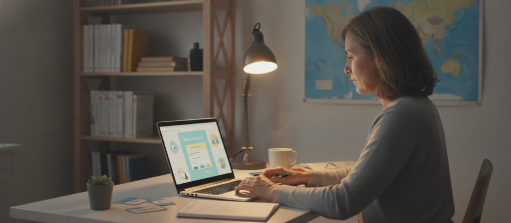 A cozy and modern online learning environment, featuring an adult student focused on their laptop, engaged in a virtual French language class. In the foreground, the student, a middle-aged Caucasian woman in modest casual clothing, sits at a well-organized desk with motivational French language materials, a coffee mug, and a plant. The middle layer shows a soft glow from the laptop screen, illuminating her face, with a subtle display of virtual classroom elements like educational graphics in soft pastel colors on the screen. In the background, a clean and inviting room with bookshelves filled with French literature and a world map featuring France. Soft, warm lighting enhances the atmosphere of learning and motivation, creating an inviting mood.