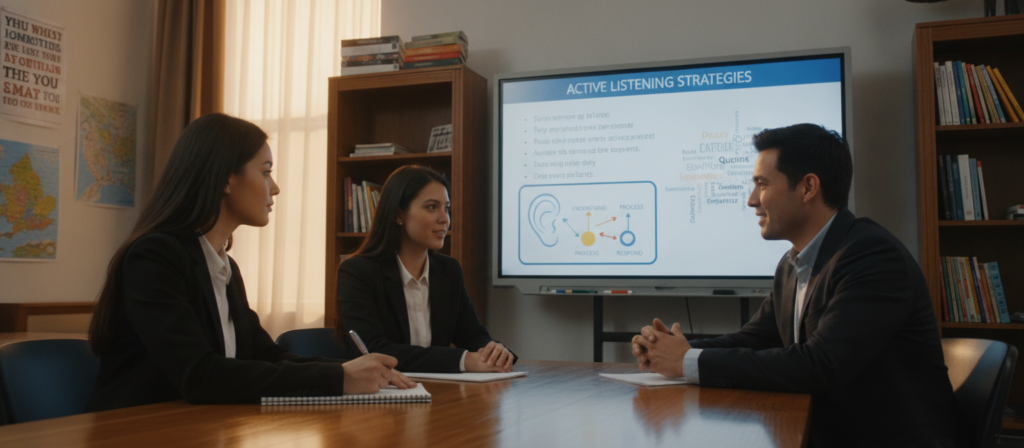 A cozy classroom setting focused on active listening exercises for English learners. In the foreground, a diverse group of three adults, dressed in professional business attire, are engaged in conversation. One person is seated with a notepad, taking notes, while another listens attentively. In the middle, a large whiteboard displays visual aids related to listening exercises, such as diagrams or keywords. The background shows a bright, inviting classroom featuring bookshelves filled with educational materials and posters on language learning. Soft, warm lighting illuminates the scene, creating an encouraging and supportive atmosphere. The angle captures the group in dynamic interaction, making the viewer feel part of the learning experience. A cozy classroom setting focused on active listening exercises for English learners. In the foreground, a diverse group of three adults, dressed in professional business attire, are engaged in conversation. One person is seated with a notepad, taking notes, while another listens attentively. In the middle, a large whiteboard displays visual aids related to listening exercises, such as diagrams or keywords. The background shows a bright, inviting classroom featuring bookshelves filled with educational materials and posters on language learning. Soft, warm lighting illuminates the scene, creating an encouraging and supportive atmosphere. The angle captures the group in dynamic interaction, making the viewer feel part of the learning experience.