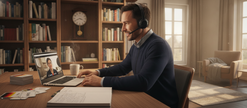 A cozy home office scene showcasing daily German language practices. In the foreground, a cheerful individual (a man in his 30s, dressed in a smart casual outfit) is sitting at a desk, speaking into a headset while looking at a laptop. On the desk, there are German-English flashcards, a notebook with scribbled vocabulary, and a cup of coffee. In the middle background, a bookshelf filled with German literature and language guides is visible, along with a wall clock showing a traditional German time. Soft, warm lighting creates an inviting atmosphere, with sunlight filtering through a window. The overall mood is focused and productive, emphasizing the habit of daily speaking practice in a comfortable environment.