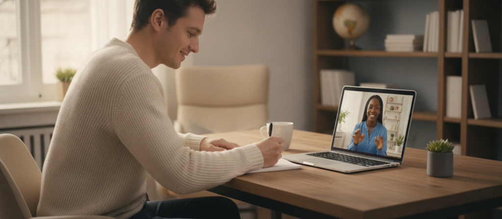 A cozy home office setting illustrating online French lessons, featuring a laptop open on a desk, displaying a video call interface with a French tutor. In the foreground, a person of Caucasian descent, dressed in professional casual attire, takes notes with a pen, displaying engagement and focus. In the middle ground, the laptop screen shows a friendly, smiling tutor of African descent, providing instruction, with a bookshelf filled with French language books and a globe in the background. Soft, natural light filters through a nearby window, creating a warm and inviting atmosphere. The composition captures a sense of productivity and learning, with soft focus on the background to emphasize the tutor and the learner. A cozy home office setting illustrating online French lessons, featuring a laptop open on a desk, displaying a video call interface with a French tutor. In the foreground, a person of Caucasian descent, dressed in professional casual attire, takes notes with a pen, displaying engagement and focus. In the middle ground, the laptop screen shows a friendly, smiling tutor of African descent, providing instruction, with a bookshelf filled with French language books and a globe in the background. Soft, natural light filters through a nearby window, creating a warm and inviting atmosphere. The composition captures a sense of productivity and learning, with soft focus on the background to emphasize the tutor and the learner.