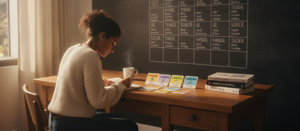 A cozy, inviting study space with a wooden desk and a chalkboard in the background filled with common Spanish verbs. On the desk, there are colorful flashcards depicting the verbs in both English and Spanish, surrounded by a stack of Spanish textbooks. In the foreground, a focused learner of diverse descent, dressed in modest casual attire, is writing notes in a notebook while looking at the flashcards. Soft, warm lighting filters through a nearby window, creating a tranquil atmosphere. The overall scene conveys a sense of motivation and knowledge as the learner embarks on their journey to master Spanish, with an emphasis on step-by-step learning. The image captures the essence of studying Spanish in an engaging and accessible manner. A cozy, inviting study space with a wooden desk and a chalkboard in the background filled with common Spanish verbs. On the desk, there are colorful flashcards depicting the verbs in both English and Spanish, surrounded by a stack of Spanish textbooks. In the foreground, a focused learner of diverse descent, dressed in modest casual attire, is writing notes in a notebook while looking at the flashcards. Soft, warm lighting filters through a nearby window, creating a tranquil atmosphere. The overall scene conveys a sense of motivation and knowledge as the learner embarks on their journey to master Spanish, with an emphasis on step-by-step learning. The image captures the essence of studying Spanish in an engaging and accessible manner.
