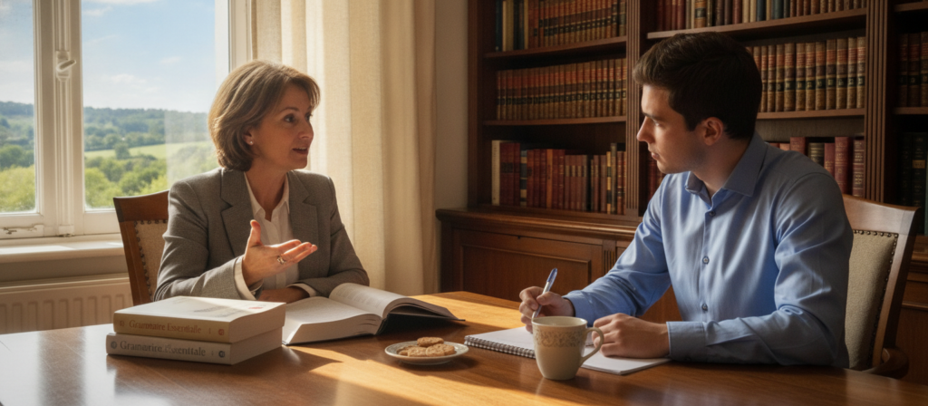 A cozy one-on-one French tutoring session taking place in a bright, inviting study. In the foreground, a native French speaker, a middle-aged woman dressed in smart casual attire, sits across from a young adult student, a man dressed in a professional business shirt. They are engaged in conversation, with a notepad and French textbooks on the table between them. The lighting is warm and natural, coming from a window with soft curtains that diffuses the sunlight. In the middle ground, bookshelves filled with French literature create a scholarly atmosphere. The background features a soft-focus landscape view through the window with trees and blue sky, conveying an inspiring and nurturing mood that emphasizes personal learning and cultural exchange. A cozy one-on-one French tutoring session taking place in a bright, inviting study. In the foreground, a native French speaker, a middle-aged woman dressed in smart casual attire, sits across from a young adult student, a man dressed in a professional business shirt. They are engaged in conversation, with a notepad and French textbooks on the table between them. The lighting is warm and natural, coming from a window with soft curtains that diffuses the sunlight. In the middle ground, bookshelves filled with French literature create a scholarly atmosphere. The background features a soft-focus landscape view through the window with trees and blue sky, conveying an inspiring and nurturing mood that emphasizes personal learning and cultural exchange.