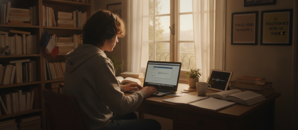 A cozy study room filled with books and language learning materials, depicting an individual focused on their laptop while practicing French. In the foreground, a person in modest casual clothing, with headphones on, intently listens to a French lesson. The middle section features a desk cluttered with notebooks, grammar books, and a cup of coffee. A large window in the background allows soft natural light to illuminate the space, creating a warm and inviting atmosphere. Decorative elements like a French flag and motivational quotes on the wall emphasize the theme of learning French. The scene conveys a sense of dedication and inspiration, wrapped in a calm, studious environment. A cozy study room filled with books and language learning materials, depicting an individual focused on their laptop while practicing French. In the foreground, a person in modest casual clothing, with headphones on, intently listens to a French lesson. The middle section features a desk cluttered with notebooks, grammar books, and a cup of coffee. A large window in the background allows soft natural light to illuminate the space, creating a warm and inviting atmosphere. Decorative elements like a French flag and motivational quotes on the wall emphasize the theme of learning French. The scene conveys a sense of dedication and inspiration, wrapped in a calm, studious environment.
