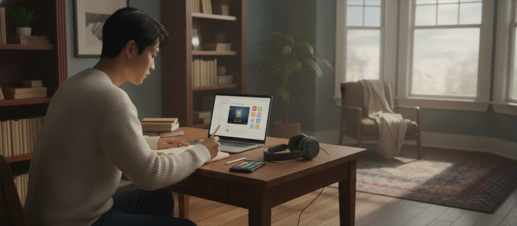 A cozy study room with soft, warm lighting creates an inviting atmosphere for learning English. In the foreground, a young adult, dressed in modest casual clothing, is sitting at a desk with a laptop open displaying a podcast interface. Next to the laptop, various language learning apps are visible on a smartphone. A pair of headphones rests beside them, suggesting immersion in audio lessons. In the middle ground, a bookshelf filled with English language books and study materials enhances the educational theme. The background features a large window with sunlight streaming in, casting gentle shadows across the room. The overall mood is focused and inspirational, emphasizing the use of modern technology for rapid language improvement.