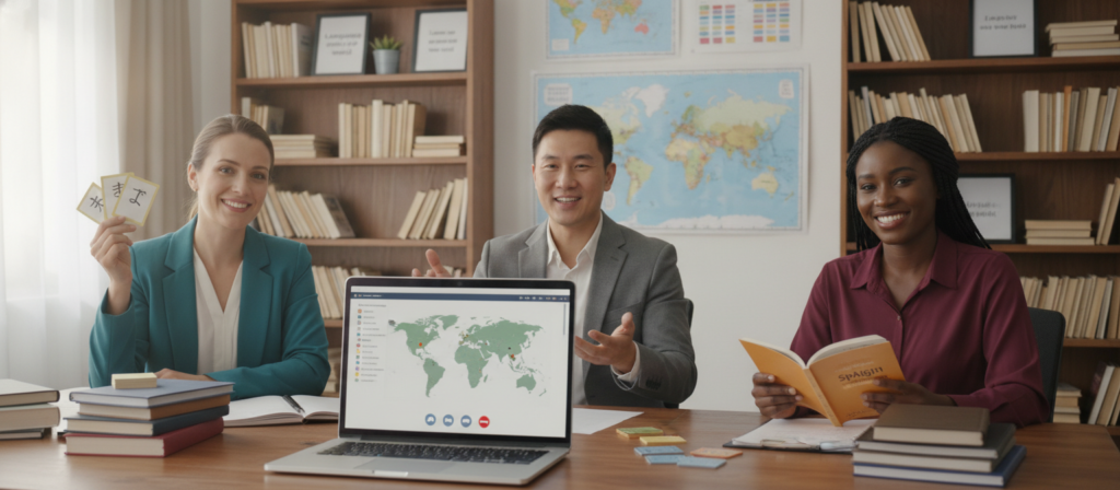 A cozy, well-lit home office setting featuring a diverse group of three professional online language teachers engaged in a video call, showcasing their friendly smiles and enthusiasm. The foreground highlights a modern laptop with a language-learning platform displayed on the screen, while the teachers, dressed in professional business attire, sit comfortably at their desks, each adorned with books and language-learning materials. In the middle ground, colorful charts and maps of different countries subtly emphasize the diverse languages taught. The background offers a warm wooden bookshelf filled with language reference books and inspirational quotes related to learning. Soft, natural light filters in through a window, creating an inviting and focused atmosphere, perfect for online language instruction. The image conveys a sense of connection, expertise, and cultural diversity. A cozy, well-lit home office setting featuring a diverse group of three professional online language teachers engaged in a video call, showcasing their friendly smiles and enthusiasm. The foreground highlights a modern laptop with a language-learning platform displayed on the screen, while the teachers, dressed in professional business attire, sit comfortably at their desks, each adorned with books and language-learning materials. In the middle ground, colorful charts and maps of different countries subtly emphasize the diverse languages taught. The background offers a warm wooden bookshelf filled with language reference books and inspirational quotes related to learning. Soft, natural light filters in through a window, creating an inviting and focused atmosphere, perfect for online language instruction. The image conveys a sense of connection, expertise, and cultural diversity.