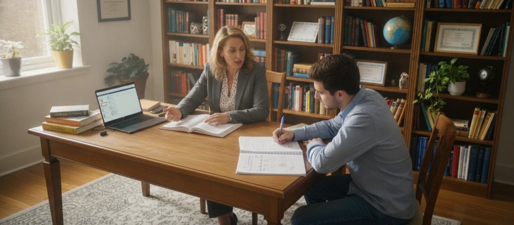 A cozy, well-lit home office setting with a native German speaker tutor and a student engaged in a one-on-one tutoring session. The tutor, a middle-aged woman in professional attire, confidently explains German grammar while sitting at a wooden desk filled with books and a laptop. The student, a young man in smart casual clothing, attentively takes notes. In the background, a bookshelf filled with German literature and language resources adds depth and context. Soft, natural light filters through a window, creating a warm and inviting atmosphere. The image captures a focused and encouraging mood, emphasizing the personal connection in language learning. The camera angle is slightly elevated, offering a clear view of both participants engaged in conversation. A cozy, well-lit home office setting with a native German speaker tutor and a student engaged in a one-on-one tutoring session. The tutor, a middle-aged woman in professional attire, confidently explains German grammar while sitting at a wooden desk filled with books and a laptop. The student, a young man in smart casual clothing, attentively takes notes. In the background, a bookshelf filled with German literature and language resources adds depth and context. Soft, natural light filters through a window, creating a warm and inviting atmosphere. The image captures a focused and encouraging mood, emphasizing the personal connection in language learning. The camera angle is slightly elevated, offering a clear view of both participants engaged in conversation.