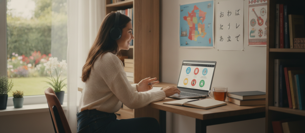 A cozy, well-lit home office with a language student engaged in online learning. In the foreground, a young woman in smart casual attire sits at a desk with a laptop open, displaying a language learning platform. She's smiling, headphones on, immersed in a virtual lesson. The middle ground features a colorful wall with educational posters of different languages and cultures, enhancing the learning atmosphere. In the background, a window lets in soft natural light, casting a warm glow and revealing a peaceful garden outside. The mood is productive yet relaxed, reflecting the flexibility and accessibility of online language lessons, perfect for the modern learner. A cozy, well-lit home office with a language student engaged in online learning. In the foreground, a young woman in smart casual attire sits at a desk with a laptop open, displaying a language learning platform. She's smiling, headphones on, immersed in a virtual lesson. The middle ground features a colorful wall with educational posters of different languages and cultures, enhancing the learning atmosphere. In the background, a window lets in soft natural light, casting a warm glow and revealing a peaceful garden outside. The mood is productive yet relaxed, reflecting the flexibility and accessibility of online language lessons, perfect for the modern learner.