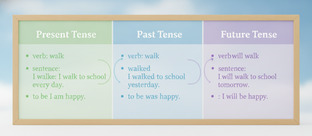 A detailed chart illustrating the concept of English tenses: present, past, and future. The foreground features a well-organized table with three distinct columns labeled "Present Tense," "Past Tense," and "Future Tense," each with visually distinguishable colors. Each section includes concise examples in bullet points: verbs, sentences, and their transformations across tenses. The middle layer contains subtle, colorful arrows connecting related examples, showcasing the relationships between tenses. The background is a soft gradient of blue and white, giving the image a calm and educational atmosphere. Soft lighting highlights the chart, creating a clean and professional look, while a slight depth of field effect keeps the focus on the tenses with a warm, inviting mood that encourages learning.