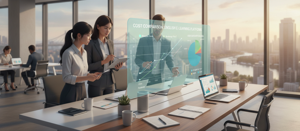 A digital illustration focusing on the comparison of e-learning platforms for English language courses, featuring a sleek and modern workspace as the foreground. A diverse group of three professional individuals, two women and one man, are engaged in a discussion, analyzing charts and graphs on a large screen displaying cost comparisons of various platforms. In the middle ground, a stylish desk cluttered with laptops, notebooks, and coffee cups enhances the working atmosphere. The background presents a bright and inviting office environment with windows showing a cityscape, allowing natural light to flood the scene. The mood is focused and analytical, capturing the essence of educational evaluation with a contemporary touch. The angle is slightly elevated, offering a dynamic perspective that emphasizes collaboration and technology.