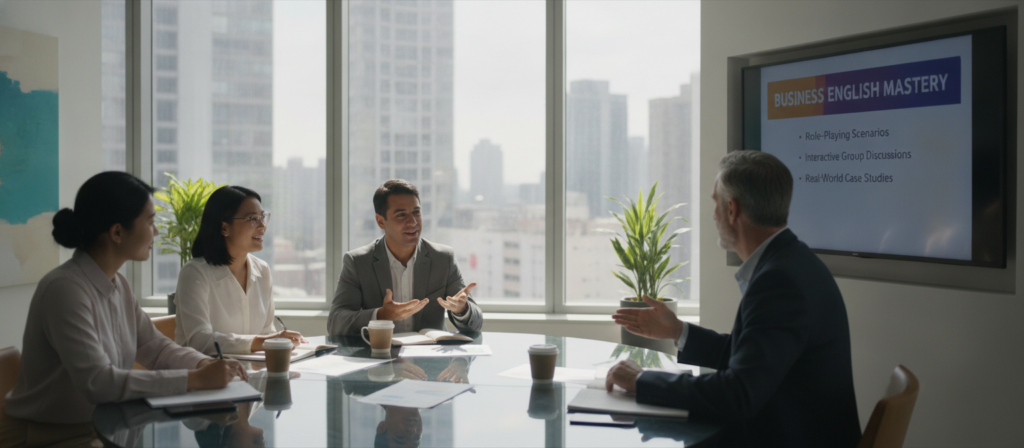 A diverse group of professional employees engaged in a business English training session in a modern office setting. In the foreground, a male middle-aged trainer demonstrates a digital presentation on a large screen, showcasing key training methods like role-playing and interactive exercises. To the left, a young Asian woman takes notes, while a Black woman and a Hispanic man actively participate in a group discussion, all dressed in professional attire. The middle ground features a circular table with notebooks, pens, and coffee cups, conveying a collaborative atmosphere. The background includes large windows allowing natural light to stream in, creating a vibrant and motivating environment that emphasizes teamwork and learning. The overall mood is focused and energetic, highlighting the importance of effective training in a business context.