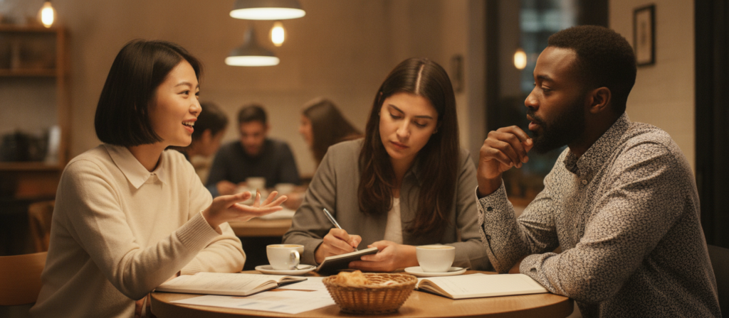 A diverse group of three people engaged in a lively conversation at a cozy café table, illustrating practical English speaking practice. In the foreground, a woman of Asian descent and a man of African descent are animatedly discussing, their expressions confident and engaged. The woman, dressed in smart casual attire, gestures towards notes on the table, while the man, in a stylish shirt, nods attentively. In the middle ground, another woman of Hispanic descent is writing notes, showcasing active listening. Soft, warm lighting enhances the inviting atmosphere, with blurred café patrons in the background enjoying their drinks. Capture this scene from a slightly elevated angle, emphasizing the connection and interaction between the speakers, conveying a mood of encouragement and motivation for daily English practice. A diverse group of three people engaged in a lively conversation at a cozy café table, illustrating practical English speaking practice. In the foreground, a woman of Asian descent and a man of African descent are animatedly discussing, their expressions confident and engaged. The woman, dressed in smart casual attire, gestures towards notes on the table, while the man, in a stylish shirt, nods attentively. In the middle ground, another woman of Hispanic descent is writing notes, showcasing active listening. Soft, warm lighting enhances the inviting atmosphere, with blurred café patrons in the background enjoying their drinks. Capture this scene from a slightly elevated angle, emphasizing the connection and interaction between the speakers, conveying a mood of encouragement and motivation for daily English practice.