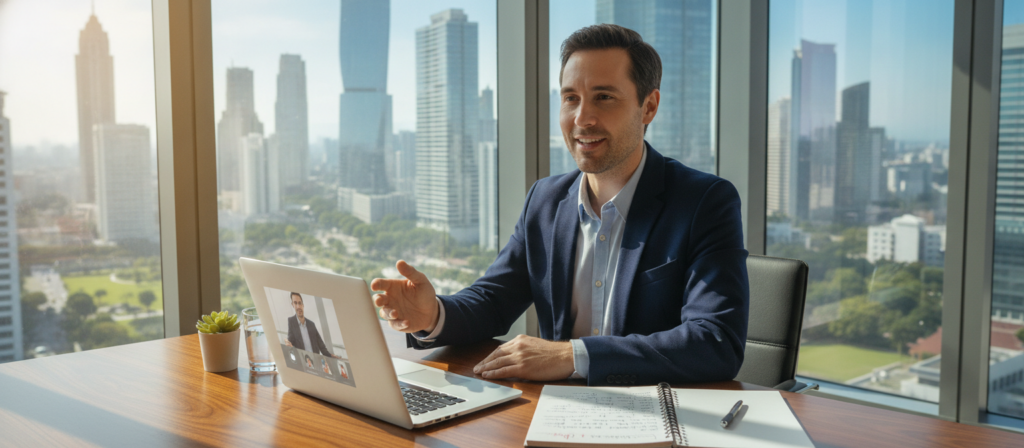 A focused individual preparing for an English job interview sits at a desk in a well-lit, modern office environment. The foreground features a neatly organized desk with a laptop open and a notepad filled with notes. In the middle ground, there's a professional-looking person dressed in business attire, practicing their answers, looking confident and engaged. The background shows a large window with natural light streaming in, allowing a view of a vibrant cityscape. The atmosphere conveys a sense of optimism and determination, with warm tones highlighting the scene. The image captures the essence of optimal preparation for an English job interview, emphasizing professionalism and readiness.