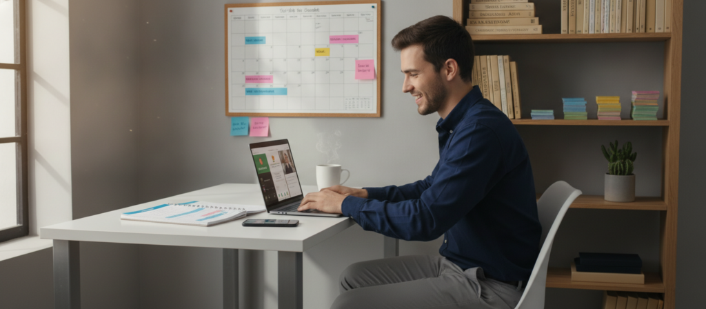 A focused, modern study space illustrating an English study routine. In the foreground, a young adult wearing casual business attire sits at a sleek desk, engaged in an online conversation via a laptop, their expression reflecting concentration and enthusiasm. A notebook filled with notes and a smartphone show various language learning apps. In the middle ground, a large wall calendar displays a structured study schedule, emphasizing consistency. The background features a well-organized bookshelf with English learning materials, language flashcards, and a potted plant adding a touch of greenery. Soft, natural lighting streams in from a nearby window, creating a warm and inviting atmosphere. The overall mood is productive and inspiring, emphasizing the importance of routine in language learning. A focused, modern study space illustrating an English study routine. In the foreground, a young adult wearing casual business attire sits at a sleek desk, engaged in an online conversation via a laptop, their expression reflecting concentration and enthusiasm. A notebook filled with notes and a smartphone show various language learning apps. In the middle ground, a large wall calendar displays a structured study schedule, emphasizing consistency. The background features a well-organized bookshelf with English learning materials, language flashcards, and a potted plant adding a touch of greenery. Soft, natural lighting streams in from a nearby window, creating a warm and inviting atmosphere. The overall mood is productive and inspiring, emphasizing the importance of routine in language learning.