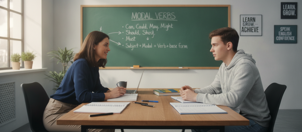 A focused one-on-one English tutoring session in a well-lit, modern classroom setting. In the foreground, a dedicated female tutor in smart casual attire is engaging attentively with a male student, who appears to be in his late teens. They are seated at a wooden table, surrounded by open English textbooks, notepads, and pens. The middle ground features a chalkboard with neat handwritten notes and diagrams related to English grammar. In the background, large windows allow natural light to pour in, illuminating motivational posters about language learning on the walls. The atmosphere is warm and encouraging, conveying a sense of individual support and personal growth in language education. Use soft natural lighting to create an inviting mood. A focused one-on-one English tutoring session in a well-lit, modern classroom setting. In the foreground, a dedicated female tutor in smart casual attire is engaging attentively with a male student, who appears to be in his late teens. They are seated at a wooden table, surrounded by open English textbooks, notepads, and pens. The middle ground features a chalkboard with neat handwritten notes and diagrams related to English grammar. In the background, large windows allow natural light to pour in, illuminating motivational posters about language learning on the walls. The atmosphere is warm and encouraging, conveying a sense of individual support and personal growth in language education. Use soft natural lighting to create an inviting mood.