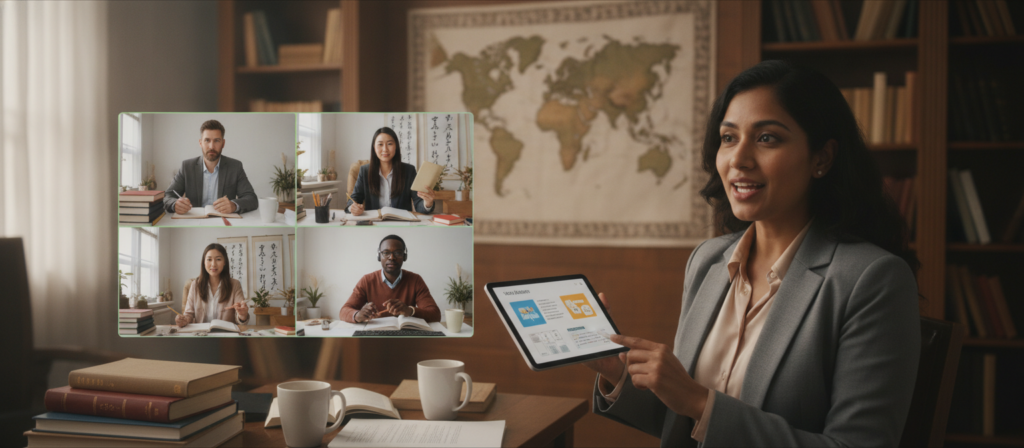 A focused online language teacher engaging with a diverse group of adult students through a virtual classroom setup. In the foreground, the teacher, a South Asian woman in professional business attire, is enthusiastically sharing lessons using a digital tablet. The middle ground shows four students of different backgrounds, attentively participating from their home offices, each with language learning materials around them. The background features a cozy, well-lit study with bookshelves filled with language books and a world map on the wall, enhancing the atmosphere of cultural diversity. Soft, diffused lighting creates a warm, inviting atmosphere. The overall mood is one of collaboration, learning, and inspiration, highlighting the effectiveness of modern language teaching methodologies. A focused online language teacher engaging with a diverse group of adult students through a virtual classroom setup. In the foreground, the teacher, a South Asian woman in professional business attire, is enthusiastically sharing lessons using a digital tablet. The middle ground shows four students of different backgrounds, attentively participating from their home offices, each with language learning materials around them. The background features a cozy, well-lit study with bookshelves filled with language books and a world map on the wall, enhancing the atmosphere of cultural diversity. Soft, diffused lighting creates a warm, inviting atmosphere. The overall mood is one of collaboration, learning, and inspiration, highlighting the effectiveness of modern language teaching methodologies.