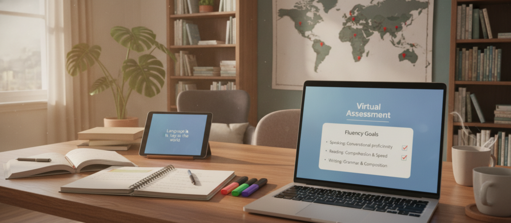 A focused online learning environment depicting a modern, cozy home office designed for English tutoring. In the foreground, a laptop display showing a virtual assessment form highlighting various fluency goals like speaking, reading, and writing. The middle ground features a neatly arranged desk with highlighters, notebooks, and an inspirational quote about language learning. In the background, a soft bookshelf filled with English literature and educational resources. Warm, natural light streams in from a nearby window, creating an inviting atmosphere. The scene conveys concentration and motivation, with no distractions present. The room's decor includes elements like potted plants and a world map, symbolizing global language connections. The overall mood is positive and encouraging, suitable for a learner preparing to embark on their journey towards English fluency. A focused online learning environment depicting a modern, cozy home office designed for English tutoring. In the foreground, a laptop display showing a virtual assessment form highlighting various fluency goals like speaking, reading, and writing. The middle ground features a neatly arranged desk with highlighters, notebooks, and an inspirational quote about language learning. In the background, a soft bookshelf filled with English literature and educational resources. Warm, natural light streams in from a nearby window, creating an inviting atmosphere. The scene conveys concentration and motivation, with no distractions present. The room's decor includes elements like potted plants and a world map, symbolizing global language connections. The overall mood is positive and encouraging, suitable for a learner preparing to embark on their journey towards English fluency.
