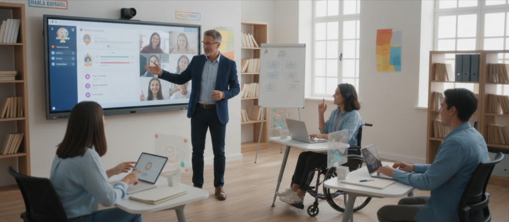 A human language teacher standing in a modern hybrid classroom, with a blend of physical and digital learning tools around. In the foreground, the teacher, a middle-aged person in professional business attire, engages with students via a large screen displaying interactive language lessons. The middle ground showcases diverse students, some present in-class and others appearing on the screen from home, actively participating with focused expressions. The background features a well-lit room with educational posters, bookshelves, and a digital whiteboard. Soft, natural lighting fills the space, creating an inviting atmosphere. The angle is slightly elevated, providing a clear view of the classroom dynamics and emphasizing engagement in language learning through both human interaction and technology.
