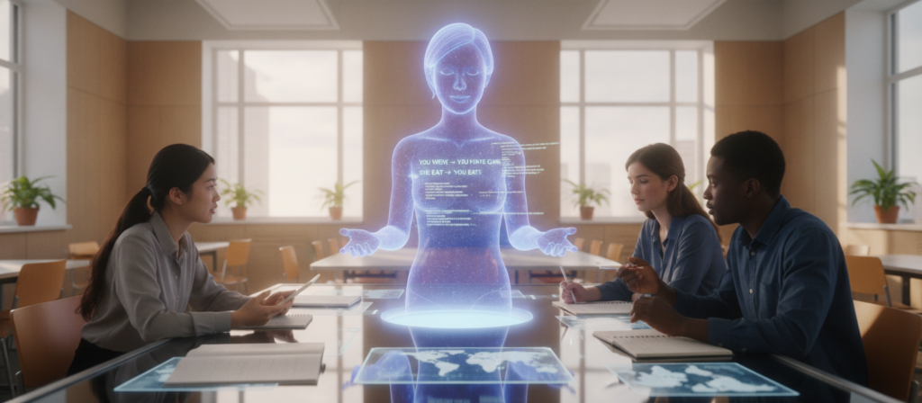 A modern AI language tutor, represented as a friendly holographic figure, interacting with a diverse group of three engaged learners sitting at a sleek, high-tech table. In the foreground, the AI tutor features a glowing interface displaying grammar corrections, while the learners express interest and curiosity. The middle layer shows educational materials, like notebook and digital devices, emphasizing a focus on language skills. The background showcases a bright, contemporary classroom with large windows allowing soft natural light to filter in, creating an inviting atmosphere. Use a wide-angle lens to capture the collaborative energy of the scene. The overall mood is vibrant and inspiring, illustrating a futuristic approach to language learning with a warm, educational feel. A modern AI language tutor, represented as a friendly holographic figure, interacting with a diverse group of three engaged learners sitting at a sleek, high-tech table. In the foreground, the AI tutor features a glowing interface displaying grammar corrections, while the learners express interest and curiosity. The middle layer shows educational materials, like notebook and digital devices, emphasizing a focus on language skills. The background showcases a bright, contemporary classroom with large windows allowing soft natural light to filter in, creating an inviting atmosphere. Use a wide-angle lens to capture the collaborative energy of the scene. The overall mood is vibrant and inspiring, illustrating a futuristic approach to language learning with a warm, educational feel.