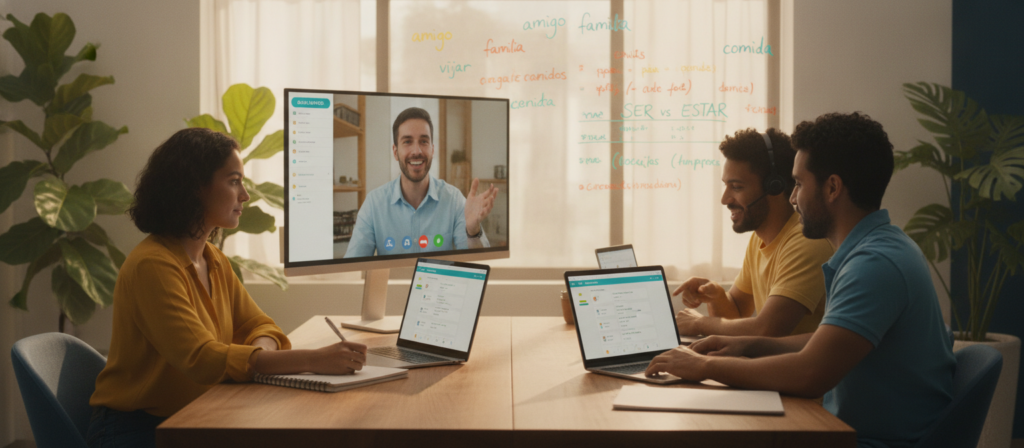 A modern and inviting online learning platform scene for learning Spanish. In the foreground, a diverse group of three individuals—two men and one woman—sitting at a bright, well-organized home office space, laptops open with Spanish language applications displayed. The woman is taking notes, while one man is engaged in a video call with a Spanish teacher. The middle ground features a large whiteboard filled with colorful Spanish vocabulary words and simple grammar rules. The background shows a window with warm sunlight pouring in, plants creating a relaxed atmosphere. The mood is energetic and focused, with a sense of curiosity and determination in the air. The overall color palette is bright and uplifting, promoting a productive learning environment. A modern and inviting online learning platform scene for learning Spanish. In the foreground, a diverse group of three individuals—two men and one woman—sitting at a bright, well-organized home office space, laptops open with Spanish language applications displayed. The woman is taking notes, while one man is engaged in a video call with a Spanish teacher. The middle ground features a large whiteboard filled with colorful Spanish vocabulary words and simple grammar rules. The background shows a window with warm sunlight pouring in, plants creating a relaxed atmosphere. The mood is energetic and focused, with a sense of curiosity and determination in the air. The overall color palette is bright and uplifting, promoting a productive learning environment.