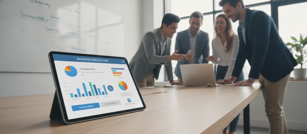 A modern and inviting workspace showcasing a business English learning app on a tablet. In the foreground, a sleek tablet displays the app interface with colorful graphs and interactive features. A diverse group of professionals, dressed in smart casual attire, collaborates around a stylish wooden table, engaged in a lively discussion about their language learning progress. In the middle background, a large whiteboard filled with business vocabulary terms and diagrams is visible. Soft, natural lighting illuminates the space, creating a motivating atmosphere. The camera angle is slightly elevated, capturing the unity of the team and the vibrant learning environment, embodying a productive and inspiring mood, perfect for the theme of online business English education.