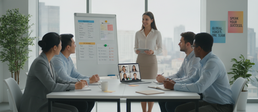 A modern corporate language training environment, showcasing a diverse group of professionals engaged in personalized and group language lessons. In the foreground, depict a small group of individuals, including men and women of different ethnicities, focused on a language tutor, who is also dressed in professional attire. In the middle, include a whiteboard with language charts and a laptop open with a video call interface displaying other participants. The background should feature a bright, well-lit office space with large windows, plants, and motivational posters related to language learning. The mood is collaborative and inspiring, emphasizing professional growth and teamwork. Use soft, natural lighting to create an inviting atmosphere, shot from a slightly elevated angle to capture the engagement of the participants.