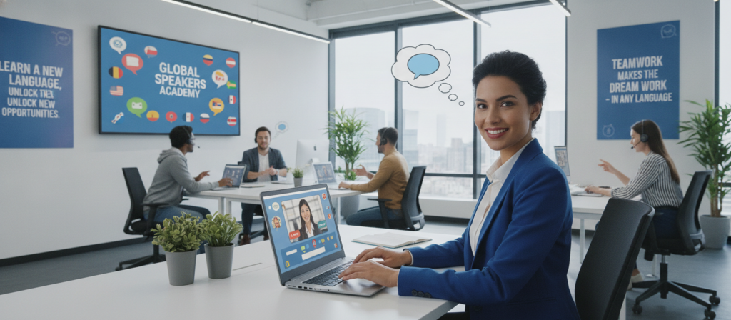 A modern corporate office environment featuring a group of diverse employees engaged in an online language course. In the foreground, a confident woman in professional attire is smiling as she interacts with a computer on her desk, showing enthusiasm for learning. In the middle, a large screen displays a vibrant virtual classroom interface with language learning graphics and interactive elements. Other employees, casually dressed, are actively participating from their desks, displaying a mix of focus and collaboration. The background illustrates a well-lit office space with motivational posters related to language learning, large windows letting in natural light, and plants adding a touch of greenery. The overall atmosphere is innovative and supportive, emphasizing teamwork and professional development in language skills. The image is captured in a bright, inviting setting using a wide angle lens to encapsulate the diverse interaction. A modern corporate office environment featuring a group of diverse employees engaged in an online language course. In the foreground, a confident woman in professional attire is smiling as she interacts with a computer on her desk, showing enthusiasm for learning. In the middle, a large screen displays a vibrant virtual classroom interface with language learning graphics and interactive elements. Other employees, casually dressed, are actively participating from their desks, displaying a mix of focus and collaboration. The background illustrates a well-lit office space with motivational posters related to language learning, large windows letting in natural light, and plants adding a touch of greenery. The overall atmosphere is innovative and supportive, emphasizing teamwork and professional development in language skills. The image is captured in a bright, inviting setting using a wide angle lens to encapsulate the diverse interaction.