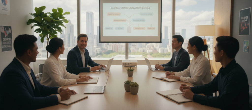 A modern corporate training room featuring a diverse group of professionals engaged in a language training session. In the foreground, a facilitator, wearing smart casual attire, interacts with participants seated around a large table, each with laptops and notebooks open. The middle layer showcases a projector displaying multilingual resources on a screen, illustrating various language options for corporate training. In the background, large windows let in natural light, showcasing a vibrant cityscape, enhancing the modern office atmosphere. The room is decorated with motivational posters and greenery, creating a welcoming environment. The mood is collaborative and focused, with warm, soft lighting to convey an inviting and productive space for learning. Focused, professional expressions on participants’ faces highlight their engagement and concentration. A modern corporate training room featuring a diverse group of professionals engaged in a language training session. In the foreground, a facilitator, wearing smart casual attire, interacts with participants seated around a large table, each with laptops and notebooks open. The middle layer showcases a projector displaying multilingual resources on a screen, illustrating various language options for corporate training. In the background, large windows let in natural light, showcasing a vibrant cityscape, enhancing the modern office atmosphere. The room is decorated with motivational posters and greenery, creating a welcoming environment. The mood is collaborative and focused, with warm, soft lighting to convey an inviting and productive space for learning. Focused, professional expressions on participants’ faces highlight their engagement and concentration.