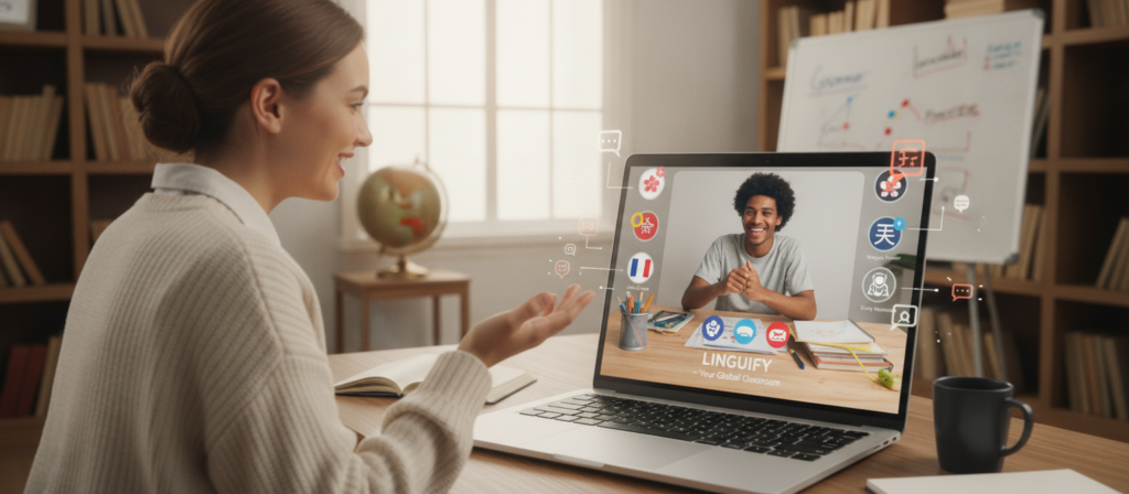 A modern, inviting language learning platform interface displayed on a sleek laptop screen. In the foreground, a professional-looking tutor, wearing smart casual attire, is engaged in a video call with an enthusiastic student, who is seated at a bright workspace with notepads and a coffee mug. The middle ground features dynamic icons representing various languages and online resources, subtly integrated around the laptop. In the background, a cozy study room filled with books, a globe, and a whiteboard with written language concepts adds depth. Soft, warm lighting highlights the interaction, creating a friendly and motivating atmosphere. The angle is slightly tilted to capture both the laptop and the engaged expressions of tutor and student.