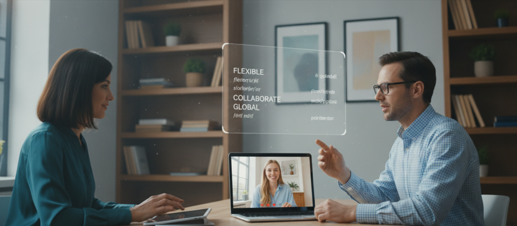 A modern online English language classroom, featuring a diverse group of three professionals engaged in a virtual lesson. In the foreground, a focused woman with dark hair, wearing a smart blouse, sits at a laptop, taking notes. Beside her, a man with glasses, dressed in a casual button-up shirt, interacts with a digital whiteboard displaying English vocabulary. In the background, a cozy, well-lit home office filled with bookshelves and plants creates a warm atmosphere. Soft, natural light streams in through a window, casting gentle shadows. The composition emphasizes collaboration and learning, illustrating the convenience and engagement of online language education.