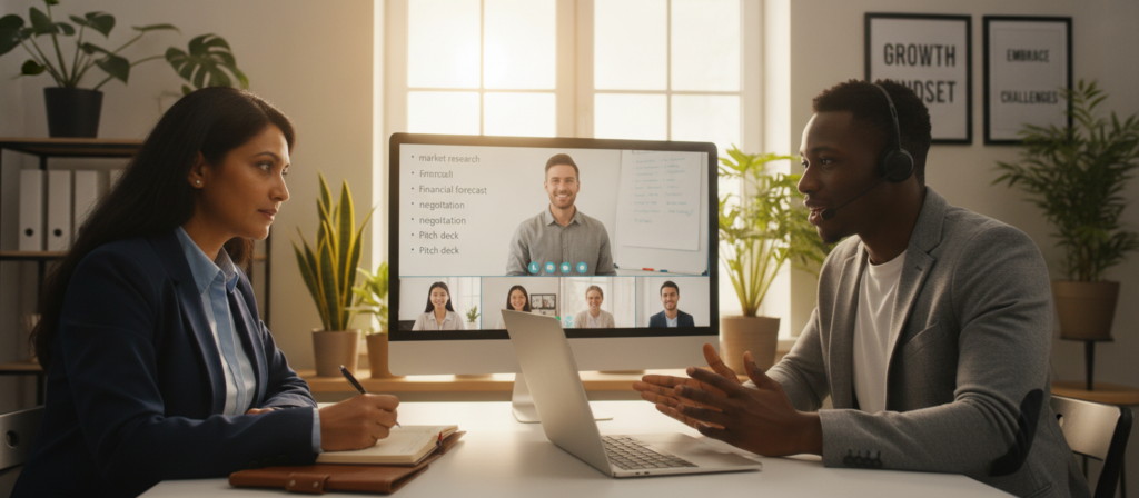 A modern online business English learning environment, featuring a diverse group of adult learners engaged in a virtual classroom setting. In the foreground, a middle-aged South Asian woman, dressed in professional attire, attentively listens while taking notes on her laptop. Beside her, a young African man in business casual clothing participates actively, speaking into a headset. The middle ground showcases a computer screen displaying a video call with an instructor, a whiteboard visible behind the instructor filled with business-related vocabulary. The background includes a well-lit, stylish home office with plants and motivational posters. Warm, inviting lighting creates a focused yet comfortable atmosphere, suggesting enthusiasm for learning. Use a wide-angle lens to capture the dynamic interaction among participants, emphasizing engagement and collaboration in learning business English online. A modern online business English learning environment, featuring a diverse group of adult learners engaged in a virtual classroom setting. In the foreground, a middle-aged South Asian woman, dressed in professional attire, attentively listens while taking notes on her laptop. Beside her, a young African man in business casual clothing participates actively, speaking into a headset. The middle ground showcases a computer screen displaying a video call with an instructor, a whiteboard visible behind the instructor filled with business-related vocabulary. The background includes a well-lit, stylish home office with plants and motivational posters. Warm, inviting lighting creates a focused yet comfortable atmosphere, suggesting enthusiasm for learning. Use a wide-angle lens to capture the dynamic interaction among participants, emphasizing engagement and collaboration in learning business English online.