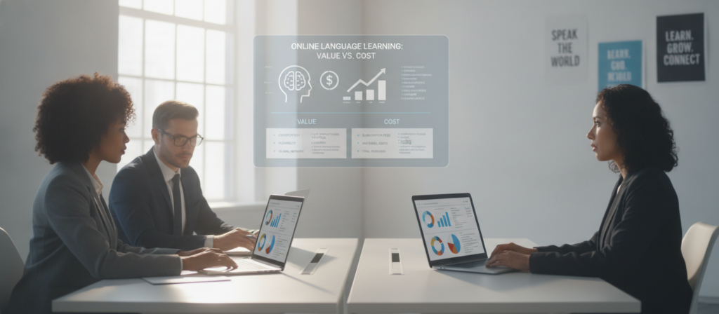 A modern online language class comparison scene, featuring a diverse group of three professional individuals in business attire sitting at sleek desks with laptops, engaged in a virtual meeting. The foreground shows charts and graphs on their screens, symbolizing different language courses and price comparisons. In the middle, a large digital display projects a colorful infographic highlighting key aspects of value and cost in online language learning. The background features a bright, well-lit workspace with motivational posters about language learning. The atmosphere is focused and collaborative, with soft, natural lighting coming from large windows, creating an inviting and productive environment. A slight depth of field emphasizes the individuals while keeping the infographic and screens clear. A modern online language class comparison scene, featuring a diverse group of three professional individuals in business attire sitting at sleek desks with laptops, engaged in a virtual meeting. The foreground shows charts and graphs on their screens, symbolizing different language courses and price comparisons. In the middle, a large digital display projects a colorful infographic highlighting key aspects of value and cost in online language learning. The background features a bright, well-lit workspace with motivational posters about language learning. The atmosphere is focused and collaborative, with soft, natural lighting coming from large windows, creating an inviting and productive environment. A slight depth of field emphasizes the individuals while keeping the infographic and screens clear.