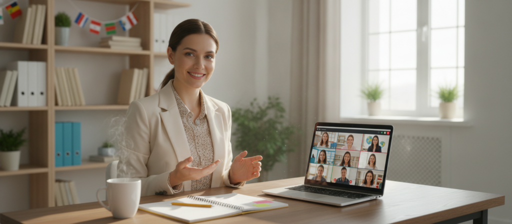 A modern online language teaching setup, featuring a sleek laptop on a stylish wooden desk, with a vibrant virtual classroom displayed on the screen. In the foreground, a smiling professional female instructor in business attire is engaging with students through a video call; her demeanor is friendly and encouraging. In the middle ground, a coffee cup and notepad with notes are neatly placed beside the laptop, signifying preparation and organization. The background shows a bright, well-lit room with bookshelves filled with language learning materials, and a large window allowing natural light to flood in, creating a warm and inviting atmosphere. The image captures the essence of efficient online language learning, emphasizing technology and personal interaction, with soft lighting and a focus on the instructor’s positive expression.