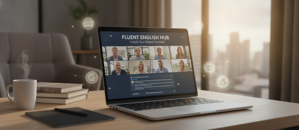 A modern online learning platform interface for adult English language learners. In the foreground, a laptop displays an engaging study session, featuring a diverse group of adults in professional business attire, focused on their screens. In the middle, a cozy study space with books and a digital notepad, emphasizing a blend of traditional and modern learning tools. The background includes a calm and inspirational ambiance, with soft lighting filtering through a window, creating a warm atmosphere that encourages productivity. A subtle array of educational icons, like books and grammar tools, hover in the air to indicate the online nature of the lessons. The overall mood conveys motivation and a sense of community among learners, reflecting their journey towards language acquisition. A modern online learning platform interface for adult English language learners. In the foreground, a laptop displays an engaging study session, featuring a diverse group of adults in professional business attire, focused on their screens. In the middle, a cozy study space with books and a digital notepad, emphasizing a blend of traditional and modern learning tools. The background includes a calm and inspirational ambiance, with soft lighting filtering through a window, creating a warm atmosphere that encourages productivity. A subtle array of educational icons, like books and grammar tools, hover in the air to indicate the online nature of the lessons. The overall mood conveys motivation and a sense of community among learners, reflecting their journey towards language acquisition.