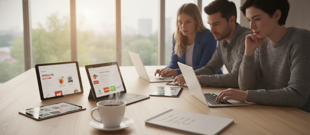 A modern workspace featuring various German learning apps and language learning platforms displayed on sleek digital devices, including tablets, laptops, and smartphones arranged strategically on a wooden desk. In the foreground, a cup of coffee sits next to a notepad with notes on language learning tips. The middle section shows a diverse group of adults, dressed in professional casual attire, gathered around the devices, engaging with the apps; their expressions reflect concentration and curiosity. The background includes bright windows with natural light flooding in, creating a warm and inviting atmosphere. The overall mood is focused and inspiring, emphasizing the ease and accessibility of learning German online. The shot is taken from a slightly elevated angle to capture both the devices and the engaged learners effectively. A modern workspace featuring various German learning apps and language learning platforms displayed on sleek digital devices, including tablets, laptops, and smartphones arranged strategically on a wooden desk. In the foreground, a cup of coffee sits next to a notepad with notes on language learning tips. The middle section shows a diverse group of adults, dressed in professional casual attire, gathered around the devices, engaging with the apps; their expressions reflect concentration and curiosity. The background includes bright windows with natural light flooding in, creating a warm and inviting atmosphere. The overall mood is focused and inspiring, emphasizing the ease and accessibility of learning German online. The shot is taken from a slightly elevated angle to capture both the devices and the engaged learners effectively.