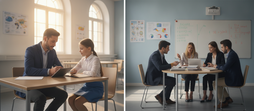 A professional, engaging classroom scene contrasting one-on-one teaching versus group instruction. In the foreground, a focused teacher, dressed in smart casual attire, interacts with an attentive student, both seated at a modern desk. The middle layer showcases a group of diverse students in business attire, collaborating around a table, surrounded by open books and laptops. In the background, a bright, airy classroom is adorned with educational posters and a whiteboard filled with diagrams. Soft, natural lighting filters in through large windows, creating a warm and inviting atmosphere. The angle captures both learning scenarios, emphasizing individual attention versus collaborative dynamics, reflecting the essence of personalized education versus group courses. A professional, engaging classroom scene contrasting one-on-one teaching versus group instruction. In the foreground, a focused teacher, dressed in smart casual attire, interacts with an attentive student, both seated at a modern desk. The middle layer showcases a group of diverse students in business attire, collaborating around a table, surrounded by open books and laptops. In the background, a bright, airy classroom is adorned with educational posters and a whiteboard filled with diagrams. Soft, natural lighting filters in through large windows, creating a warm and inviting atmosphere. The angle captures both learning scenarios, emphasizing individual attention versus collaborative dynamics, reflecting the essence of personalized education versus group courses.