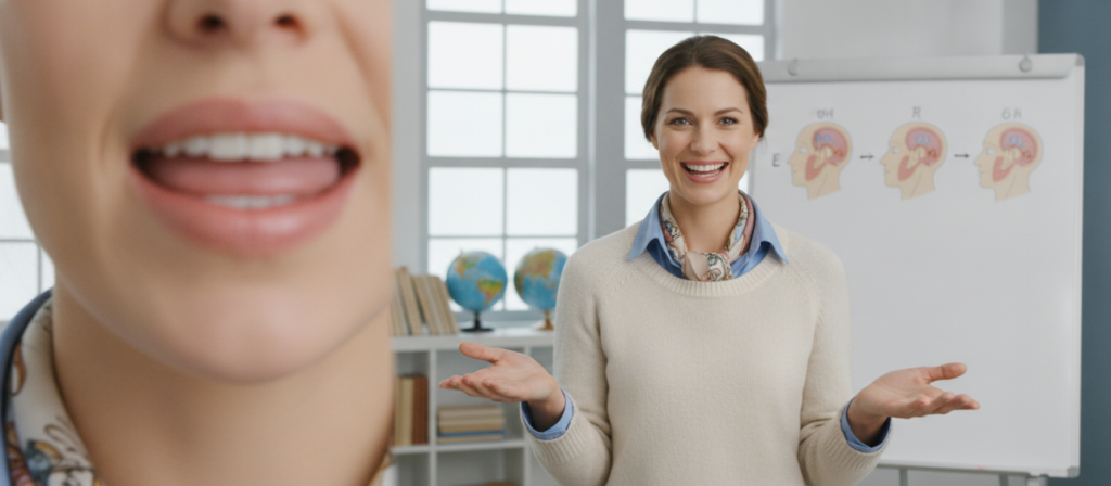 A professional language instructor demonstrating "pronunciation practice with mouth and tongue positioning exercises." In the foreground, capture a close-up of the instructor's mouth in a neutral position, showcasing the subtle movements of the lips and tongue as they practice vowel and consonant sounds. In the middle ground, include the instructor from the waist up, dressed in smart-casual attire, performing specific mouth shapes and gestures. The background features a simple, well-lit classroom environment, with a whiteboard displaying diagrams of articulatory positions. Soft, diffused lighting casts gentle shadows, establishing a focused yet approachable atmosphere. The overall mood is educational and encouraging, aimed at enhancing communication skills, with a clear emphasis on mouth and tongue articulation techniques.