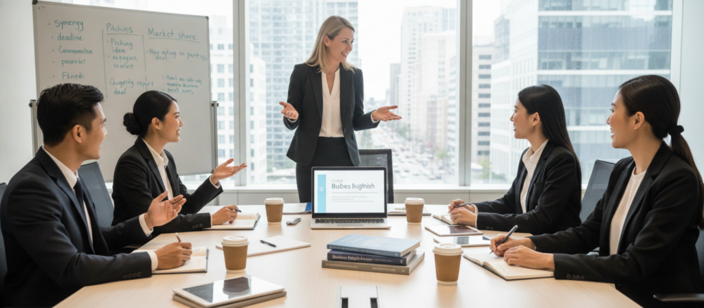 A professional language training provider for business English, depicted in a modern office setting. In the foreground, a diverse group of business professionals, dressed in smart business attire, are engaged in an interactive language training session with an enthusiastic instructor. The middle ground features a large conference table with laptops, textbooks, and digital devices showcasing business English content. The background shows a large whiteboard filled with vocabulary words and business phrases. The lighting is bright and inviting, casting a warm glow over the scene, while a large window reveals a bustling cityscape outside, adding to the dynamic atmosphere of professional growth and collaboration.