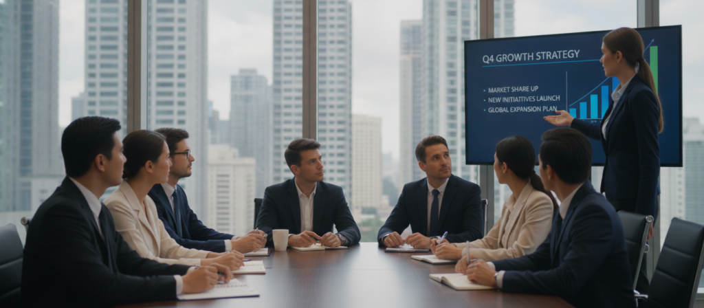A professional meeting scene in a modern conference room, showcasing a diverse group of business professionals in smart attire—men in suits and women in blouses and blazers. In the foreground, a confident presenter gestures towards a large projector screen displaying graphs and bullet points. The middle ground features engaged attendees, actively taking notes and making eye contact. The background reveals large windows with cityscape views, allowing natural light to flood the room, creating a bright and inviting atmosphere. The mood is focused and collaborative, emphasizing the importance of effective communication in English during meetings. Camera angle is slightly elevated to capture the dynamics of the presentation and audience interaction, with soft, even lighting highlighting the participants' expressions.