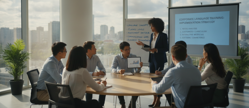 A professional office setting where a diverse group of employees is engaged in a language needs assessment workshop. In the foreground, a facilitator, dressed in smart business attire, is leading a discussion at a round table. Participants, representing various ethnicities and genders, are taking notes and using tablets, all dressed in business casual outfits. In the middle ground, a whiteboard displays key language concepts and assessment criteria, while a projector shows a presentation slide on corporate language training. The background features large windows with soft natural light streaming in, illuminating the room and creating a warm, collaborative atmosphere. The entire scene evokes a sense of teamwork and professional development, capturing the essence of corporate language training implementation. A professional office setting where a diverse group of employees is engaged in a language needs assessment workshop. In the foreground, a facilitator, dressed in smart business attire, is leading a discussion at a round table. Participants, representing various ethnicities and genders, are taking notes and using tablets, all dressed in business casual outfits. In the middle ground, a whiteboard displays key language concepts and assessment criteria, while a projector shows a presentation slide on corporate language training. The background features large windows with soft natural light streaming in, illuminating the room and creating a warm, collaborative atmosphere. The entire scene evokes a sense of teamwork and professional development, capturing the essence of corporate language training implementation.