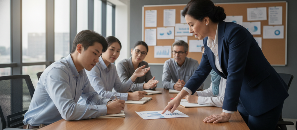 A professional setting showcasing a diverse group of individuals engaged in a collaborative discussion around a table. In the foreground, a middle-aged woman in formal business attire is pointing at a document with English text. In the middle ground, a young man in smart casual wear is taking notes while listening attentively. The background features a bright and modern office with large windows allowing natural light to pour in, highlighting charts and vocabulary lists pinned on a bulletin board. Soft shadows enhance the depth of the space, and the overall atmosphere conveys focus, collaboration, and a professional learning environment. The color palette is warm with soft blues and whites, creating an inviting yet serious mood. No text or overlays present. A professional setting showcasing a diverse group of individuals engaged in a collaborative discussion around a table. In the foreground, a middle-aged woman in formal business attire is pointing at a document with English text. In the middle ground, a young man in smart casual wear is taking notes while listening attentively. The background features a bright and modern office with large windows allowing natural light to pour in, highlighting charts and vocabulary lists pinned on a bulletin board. Soft shadows enhance the depth of the space, and the overall atmosphere conveys focus, collaboration, and a professional learning environment. The color palette is warm with soft blues and whites, creating an inviting yet serious mood. No text or overlays present.