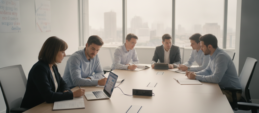 A professional training session in a modern office setting, featuring diverse adult employees engaged in blended language learning activities. In the foreground, a middle-aged woman in business attire demonstrates a digital learning platform on her laptop, while a young man in smart casual clothes takes notes with a focused expression. In the middle ground, a small group of colleagues collaborate around a conference table, discussing their language training materials. The background showcases large windows with cityscape views, allowing natural light to illuminate the room, creating an inviting and professional atmosphere. The overall mood is one of motivation and teamwork, emphasizing innovation and effective learning methods in corporate language training. A professional training session in a modern office setting, featuring diverse adult employees engaged in blended language learning activities. In the foreground, a middle-aged woman in business attire demonstrates a digital learning platform on her laptop, while a young man in smart casual clothes takes notes with a focused expression. In the middle ground, a small group of colleagues collaborate around a conference table, discussing their language training materials. The background showcases large windows with cityscape views, allowing natural light to illuminate the room, creating an inviting and professional atmosphere. The overall mood is one of motivation and teamwork, emphasizing innovation and effective learning methods in corporate language training.